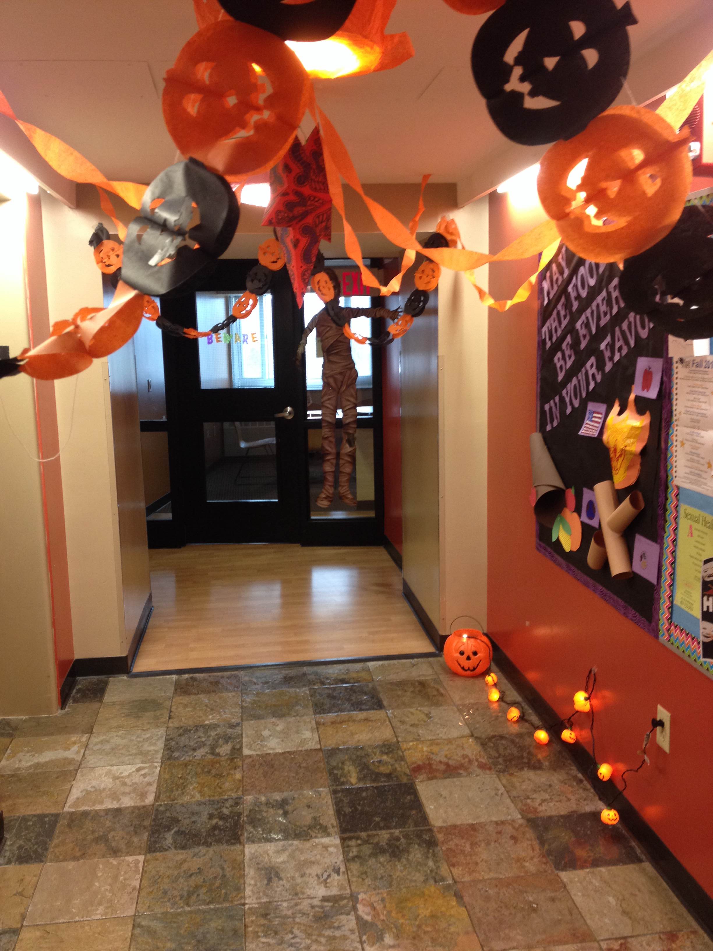 A residence hallway with halloween decorations